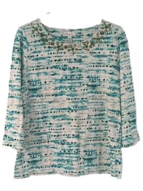 Kim Rogers Size XL Top Teal White Tan Embellished 3/4 Sleeves